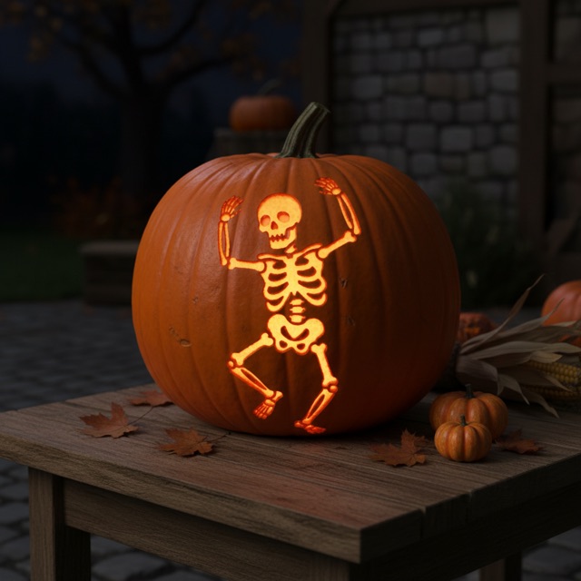 Carved pumpkin glowing at night: a dancing skeleton