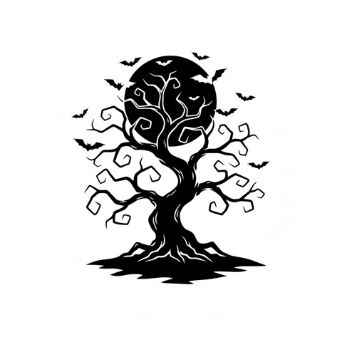 AI pumpkin carving stencil: a twisted haunted tree with bats and a full moon