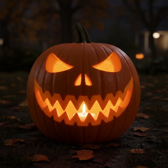 Carved pumpkin glowing at night: a classic scary jack-o’-lantern face with jagged teeth and triangle eyes