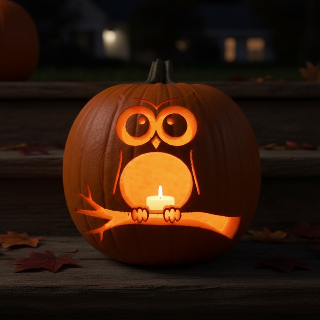 Carved pumpkin glowing at night: a friendly owl with big round eyes sitting on a branch